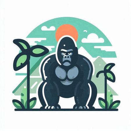 Gorilla in front of the sun. Vector illustration in flat style.のイラスト素材