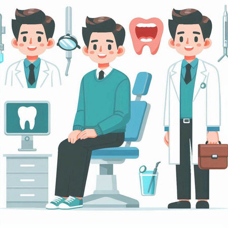 Dentist and orthodontist. Dentist and orthodontist office. Vector illustration in cartoon style.のイラスト素材