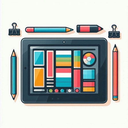 Colorful vector illustration of graphic tablet and pencils on white backgroundのイラスト素材