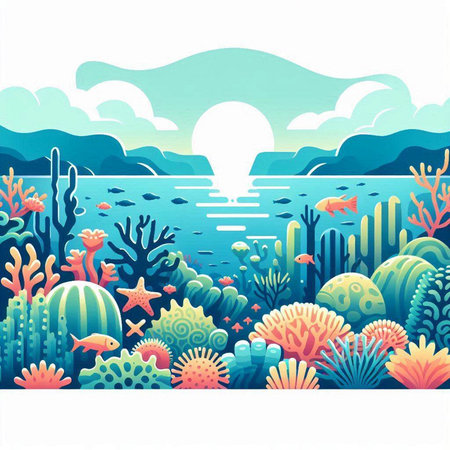 Underwater landscape with corals and tropical fish. Vector illustration.のイラスト素材