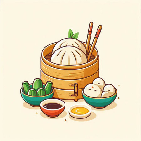 Illustration of Chinese steamed dumpling in bamboo bowl.のイラスト素材