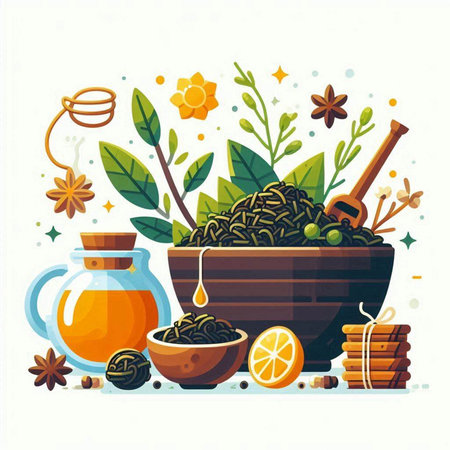 Spices and herbs. Vector illustration in flat style. Natural ingredients for cooking.のイラスト素材