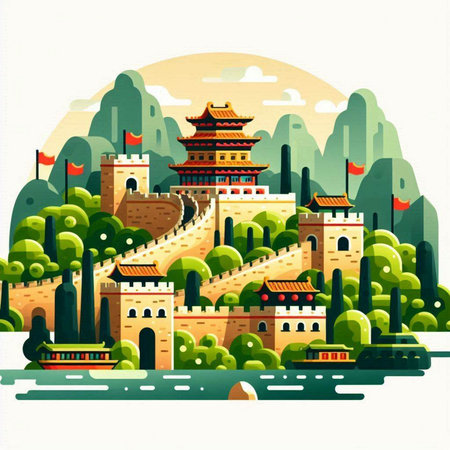 Ancient city of China. Vector illustration in a flat style on white background.のイラスト素材