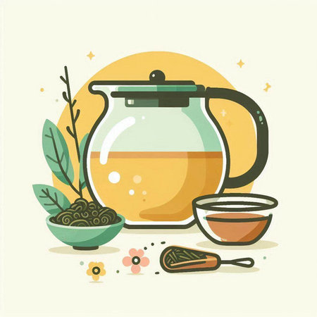 Illustration of teapot with tea and ingredients. Vector illustration.のイラスト素材