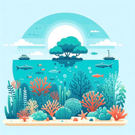 Underwater landscape with corals and fish. Vector illustration in flat styleのイラスト素材