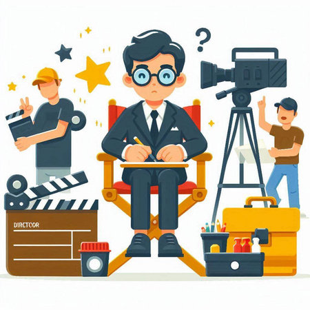 Cinema director sitting on chair and shooting movie. Vector illustrationのイラスト素材