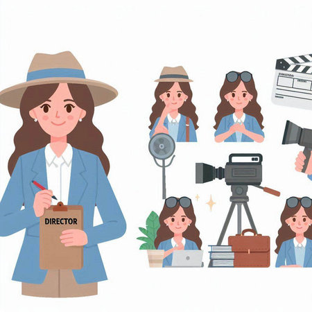 Illustration of a woman in a hat, with a camera and a laptop.のイラスト素材