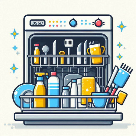 Dishwasher with dishes and utensils. Vector illustration.のイラスト素材