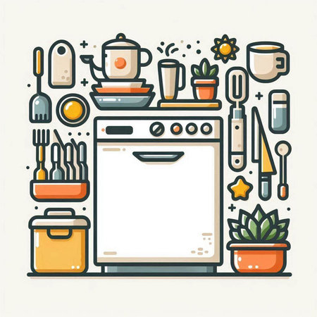 Kitchen utensils and appliances. Vector illustration in linear styleのイラスト素材