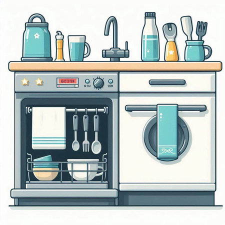 Kitchen interior. Vector illustration of kitchen utensils and appliances.のイラスト素材