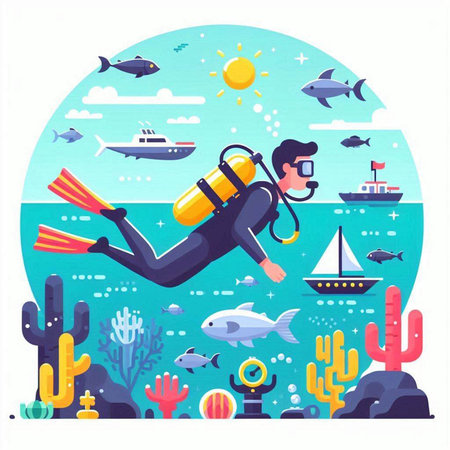 Scuba diving flat vector illustration. Scuba diver with mask and flippers jumping on the background of the sea landscape.のイラスト素材