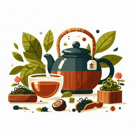 Tea ceremony. Vector illustration with teapot, cup and tea leaves.のイラスト素材
