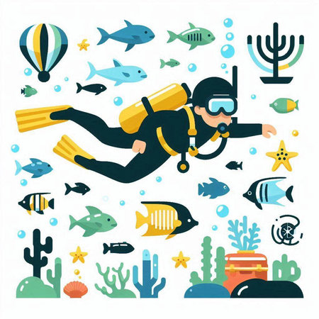 Scuba diving. Underwater life. Vector illustration in flat style.のイラスト素材
