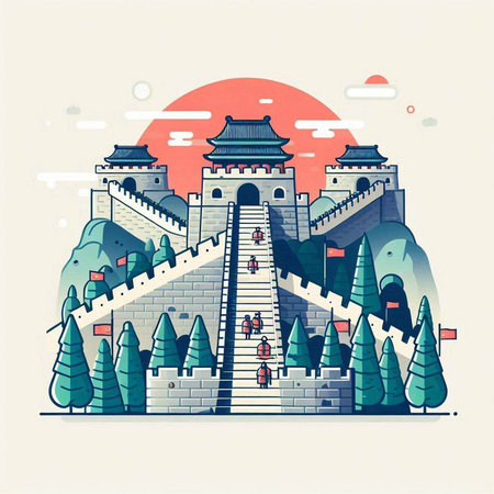 Landscape of the Great Wall of China. Vector illustration in flat style.のイラスト素材