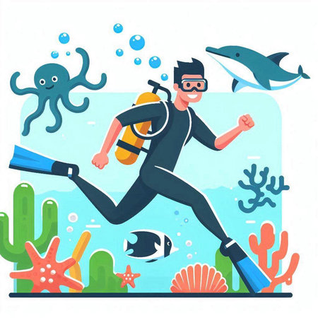 Scuba diving vector illustration. Cartoon scuba diver running with scuba equipment.のイラスト素材