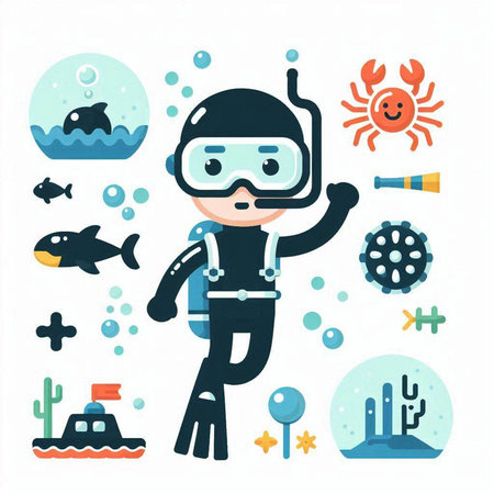 Cute scuba diving cartoon vector illustration. Flat style design.のイラスト素材