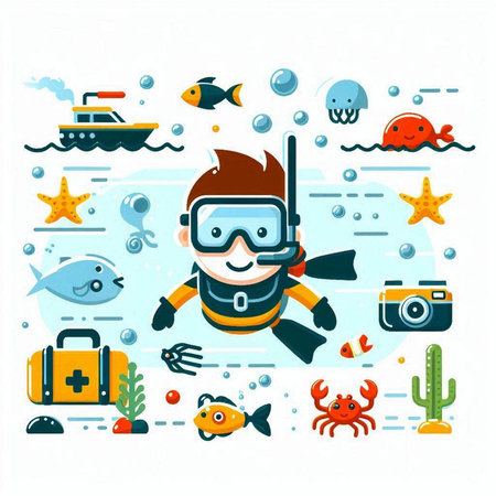 Scuba diving flat vector illustration. Cartoon scuba diver with equipment. Scuba diving icons set. Diving equipment.のイラスト素材