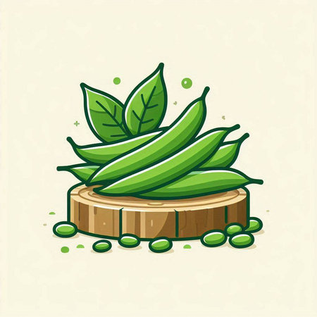 Pea pods with leaves on a wooden stump. Vector illustration.のイラスト素材