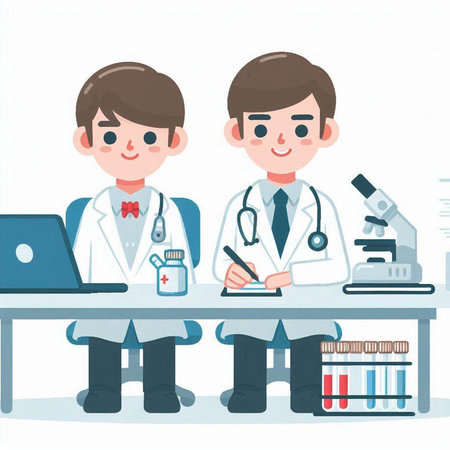 Illustration of a young male doctor and a male nurse working in a labのイラスト素材