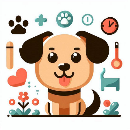 Cute cartoon dog with different icons on white background. Vector illustration.のイラスト素材
