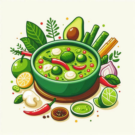 Vegetable soup in green bowl with ingredients. Vector illustration.のイラスト素材
