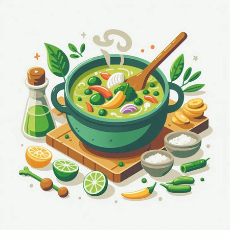 Vegetable soup in a green pot with ingredients. Vector illustration.のイラスト素材