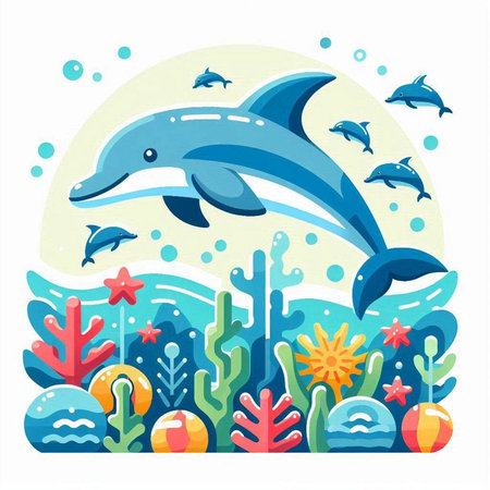 Dolphin and corals. Underwater world. Vector illustration.のイラスト素材