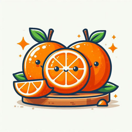 Cute cartoon orange fruit character on wooden board. Vector illustration.のイラスト素材