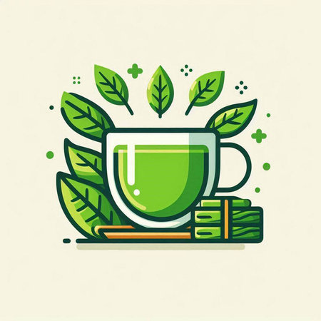Cup of green tea with leaves. Vector illustration in flat linear style.のイラスト素材