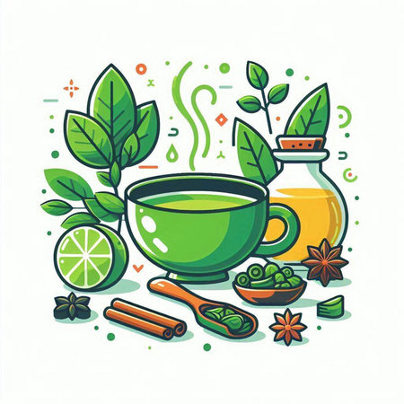 Cup of green tea, mint leaves, cinnamon sticks, star anise and lime. Vector illustration.のイラスト素材