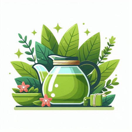 Green tea in teapot with leaves and flowers. Vector illustration.のイラスト素材