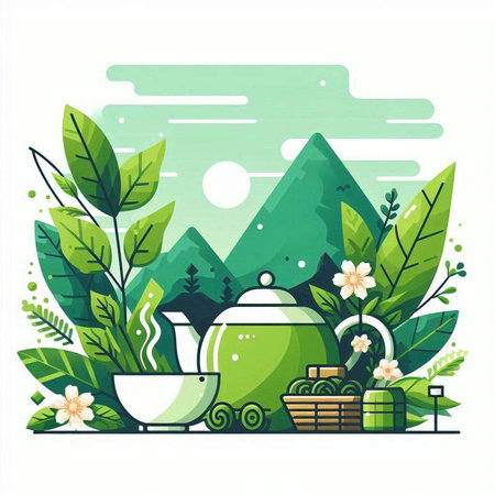 Vector illustration of a green tea ceremony background. Tea ceremony concept.のイラスト素材