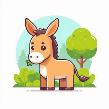 Cute cartoon donkey standing in the forest. Vector illustration in flat style.のイラスト素材