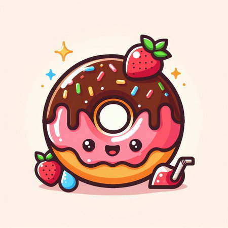 Donut with sprinkles and strawberry. Vector cartoon character illustration.のイラスト素材