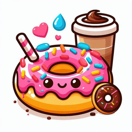 Cute donut with coffee cup and sprinkles, vector illustrationのイラスト素材