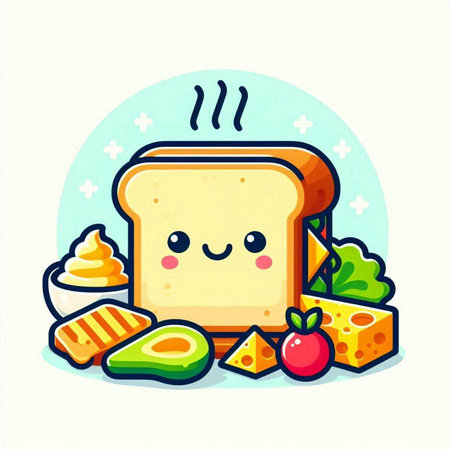 Illustration of cute bread character with avocado, cheese, apple and creamのイラスト素材