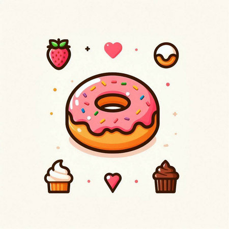 Donut icon with strawberry, cupcake and hearts. Vector illustration.のイラスト素材