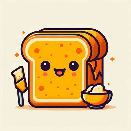 Cute happy slice of bread with butter, vector cartoon character illustration.のイラスト素材