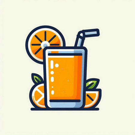 Orange juice in a glass with a straw, flat vector illustration.のイラスト素材