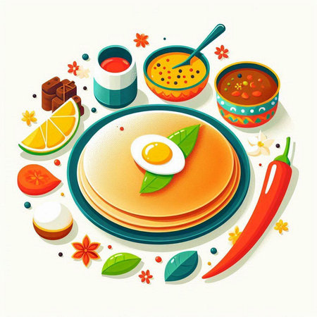 Illustration of a tasty breakfast with pancakes, eggs and vegetables.のイラスト素材