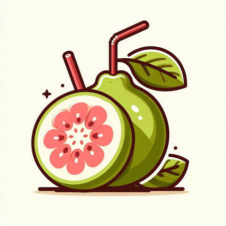 Fresh guava with green leaves and juice glass, vector illustration.のイラスト素材