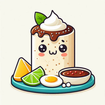 Cute and kawaii rice cake with whipped cream and fruits. Vector illustration.のイラスト素材