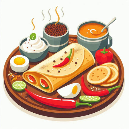 Crepes with vegetables and sauces on a wooden plate. Vector illustrationのイラスト素材