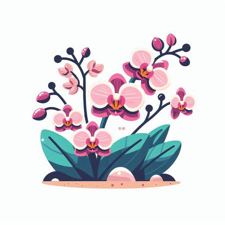 Orchid flowers with leaves. Vector illustration in flat cartoon style.のイラスト素材