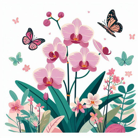 Orchids and butterflies. Floral background. Vector illustration.のイラスト素材