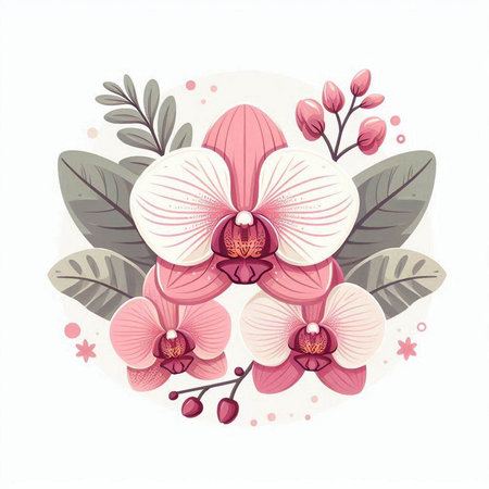 Orchid flowers with leaves. Hand drawn vector illustration in vintage style.のイラスト素材