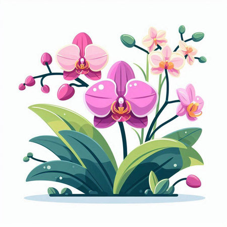 Pink orchid flowers and leaves. Vector illustration in cartoon style.のイラスト素材