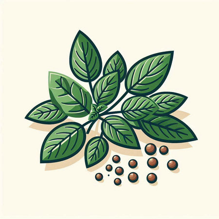 Coffee leaves and peppercorns in cartoon style. Vector illustration.のイラスト素材