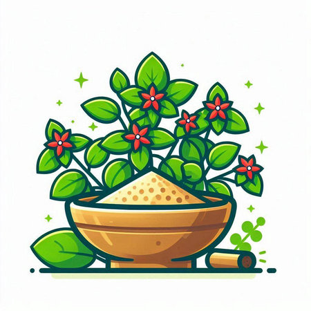 Illustration of a bowl full of hemp seeds with flowers and leavesのイラスト素材