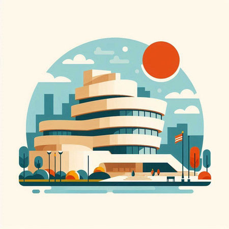 Modern building on the background of the city. Vector illustration in flat style.のイラスト素材